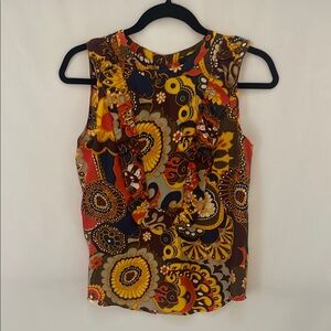 J. Crew Silk Orange Yellow Graphic Ruffled Tank Top